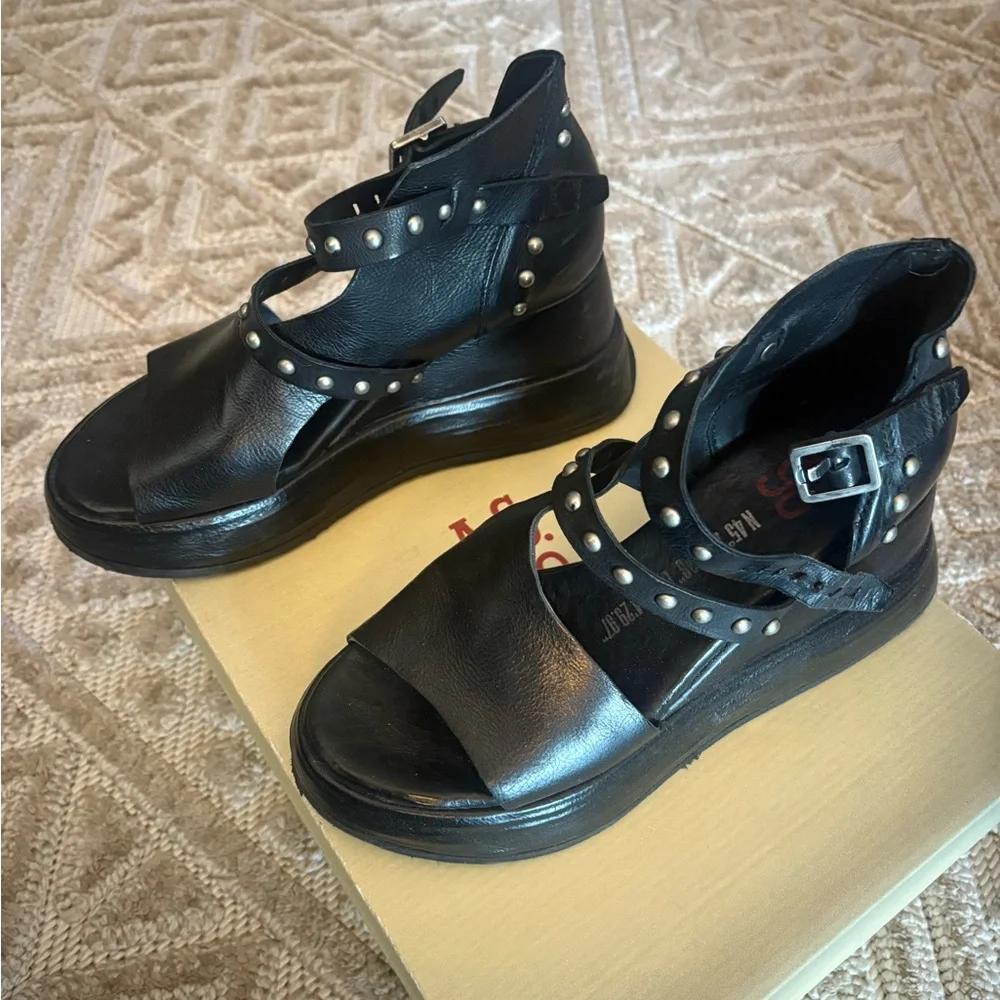 A.S.98 Black Studded Platform Sandals - Picture 2 of 6